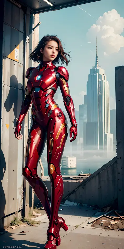 RAW, Masterpiece, Ultra Fine Photo,, Best Quality, Ultra High Resolution, Photorealistic, Sunlight, Full Body Portrait, Stunningly Beautiful,, Dynamic Poses, Delicate Face, Vibrant Eyes, (Side View) , she is wearing a futuristic Iron Man mech, red and gold color scheme, highly detailed abandoned warehouse background, detailed face, detailed and complex busy background, messy, gorgeous, milky white, high detailed skin, realistic skin details, visible pores , sharp focus, volumetric fog, 8k uhd, dslr camera, high quality, film grain, fair skin, photorealism, lomography, sprawling metropolis in futuristic dystopia, view from below, translucent