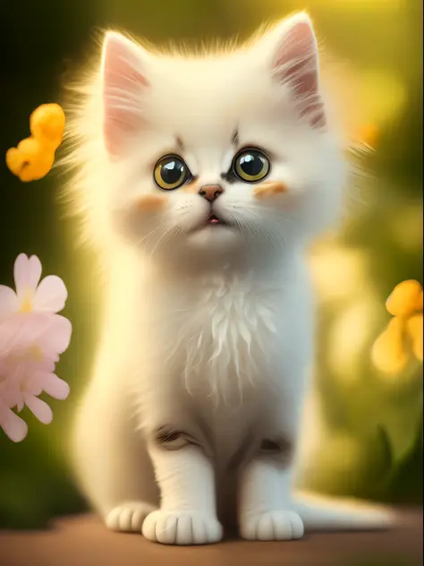 Very cute furry white tropical punk kitten, big eyes, flowers, flowers, full body, laughter, professional light, depth of field 8k, golden magic moment, professional photography, octane rendering, super realistic - amazing sunlight, dynamic composition, ph...