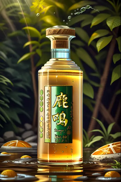 A Luming brand liquor product picture, in the river scene, there are water splashes, water ripples and green plants, retaining t...