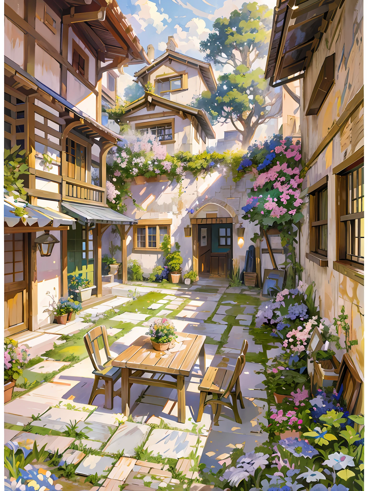 painting of a courtyard with a table and chairs and a bench, anime background art, relaxing concept art, anime scenery concept art, immensely detailed scene, a beautiful artwork illustration, detailed scenery —width 672, studio ghibli environment, highly detailed scene, environment design illustration, beautiful anime scene, ghibli studio style, anime scenery, detailed soft painting, environment painting