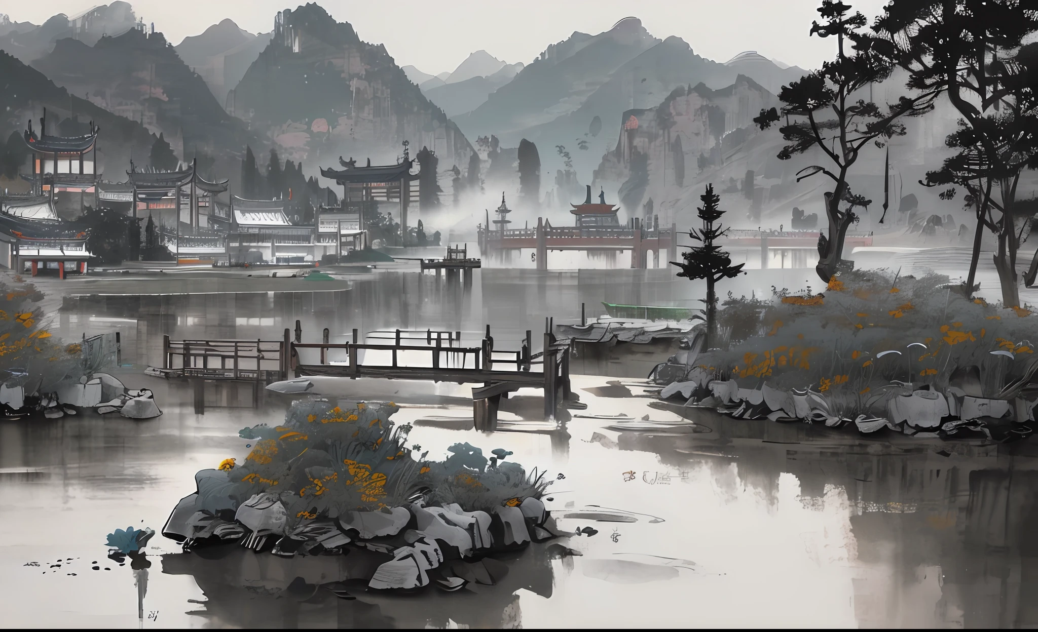 winter, moon, chinese garden, landscape, outdoors, (illustration: 1.0), epic composition, realistic lighting, hd detail, masterpiece, best quality, (very detailed CG Unity 8k wallpaper), clay texture, clean background, natural light, best quality, hyper detail, 3d art, c4d, blender, oc renderer, 3d rendering, 8k