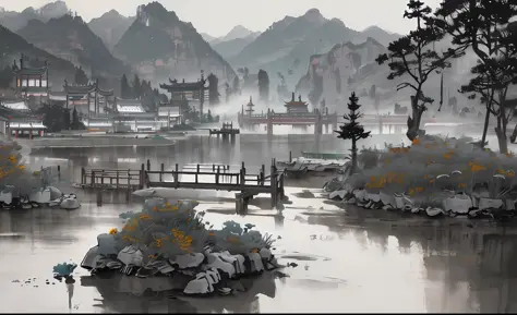 winter, moon, chinese garden, landscape, outdoors, (illustration: 1.0), epic composition, realistic lighting, hd detail, masterp...