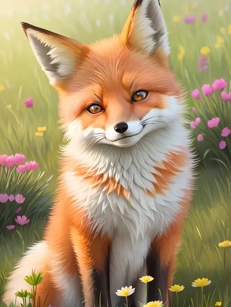 Beautiful fox, eyes open, smiling, grass, flowers, and good lighting