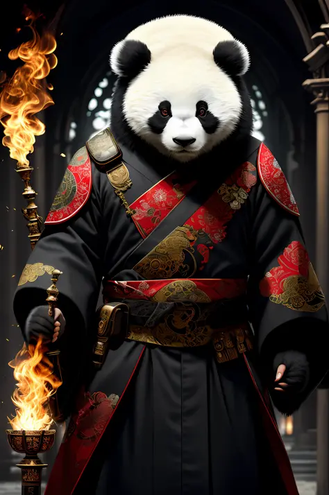 extremely detailed 8k wallpaper), intricate, richly detailed, dramatic, Panda bear with white kimono, ready for combat, Sinister face is drawn with only a pair of red eyes peeking underneath, graphics insanely, light is reflected in the ornaments, bright a...