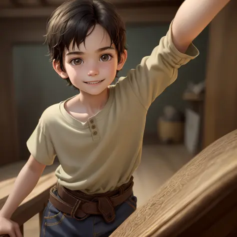 A waist-length portrait of a young boy, showing Pixar style, lively and mischievous atmosphere, natural and delicate skin texture, clear texture, 4K HD texture, HDR high dynamic range, intricate line elements and very detailed details, the focus is very sh...