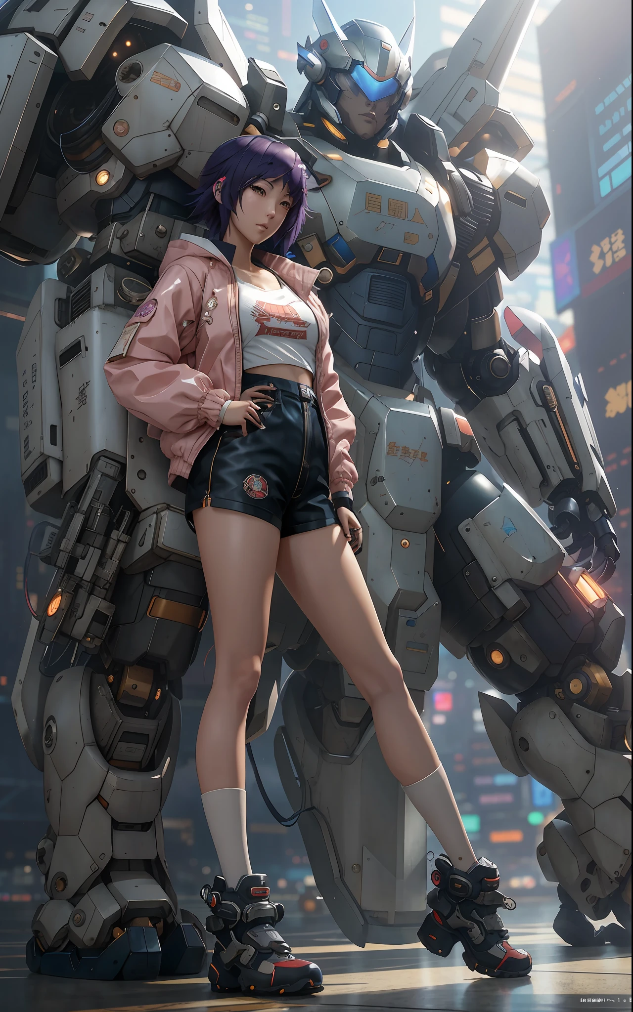 anime girl in short shorts and jacket, motoko kusanagi, next to a giant robot, Guweiz-style art, cyberpunk anime girl mech, trend in cgstation, Guweiz, by Russell Dongjun Lu, Cyberpunk Anime Digital Art, ross tran 8 k, Guweiz in artstation pixiv, girl in mecha cybernetic armor