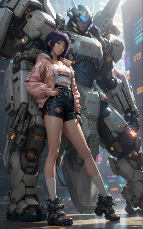 anime girl in short shorts and jacket, Motoko Kusanagi, next to a giant robot, guweiz-style art, cyberpunk anime girl mech, tren...