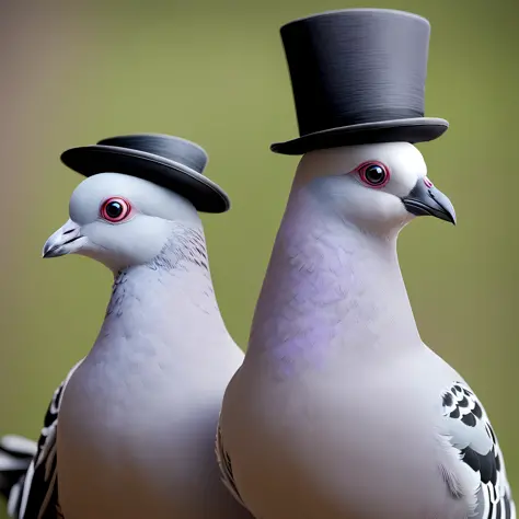 Pigeon in top hat, looking at the viewer, cute, bright eyes, 8k quality, cinematic focus