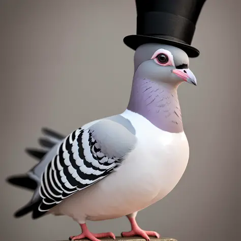 Pigeon in top hat, looking at the viewer, cute, bright eyes, 8k quality, cinematic focus