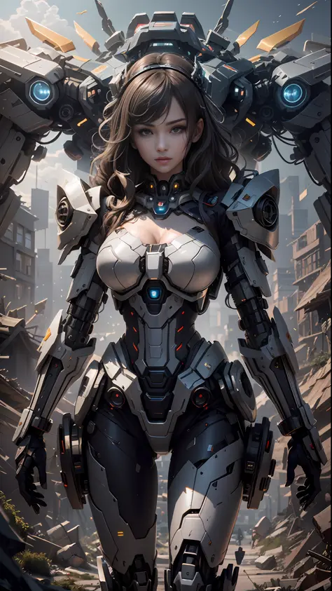 ((Best Quality)), ((Masterpiece)), (Very Detailed: 1.3), 3D, Shitu-mecha, Beautiful cyberpunk woman wearing crown with her mecha in ruins of a city in forgotten war, long silver hair, sci-fi technology, HDR (High Dynamic Range), ray tracing, nvidia RTX, su...