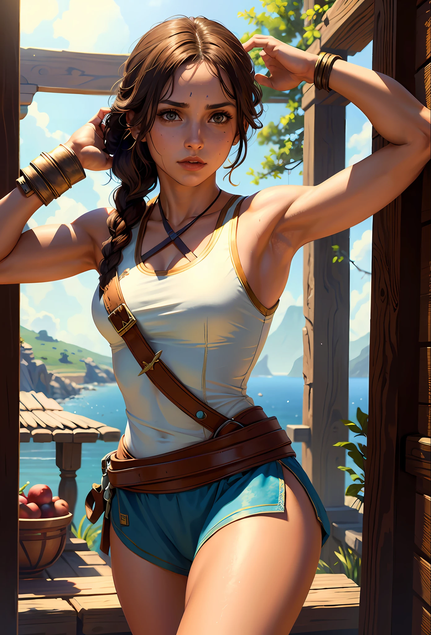 Solo, Kassandra (from assassin's creed oyssey, 1female, stron, toned abs, brown hair with side braids, brown eyes, light brown skin, Greek) wearing a one-piece clothes, arms up, armpit. ((masterpiece), best quality, ultra high resolution)
