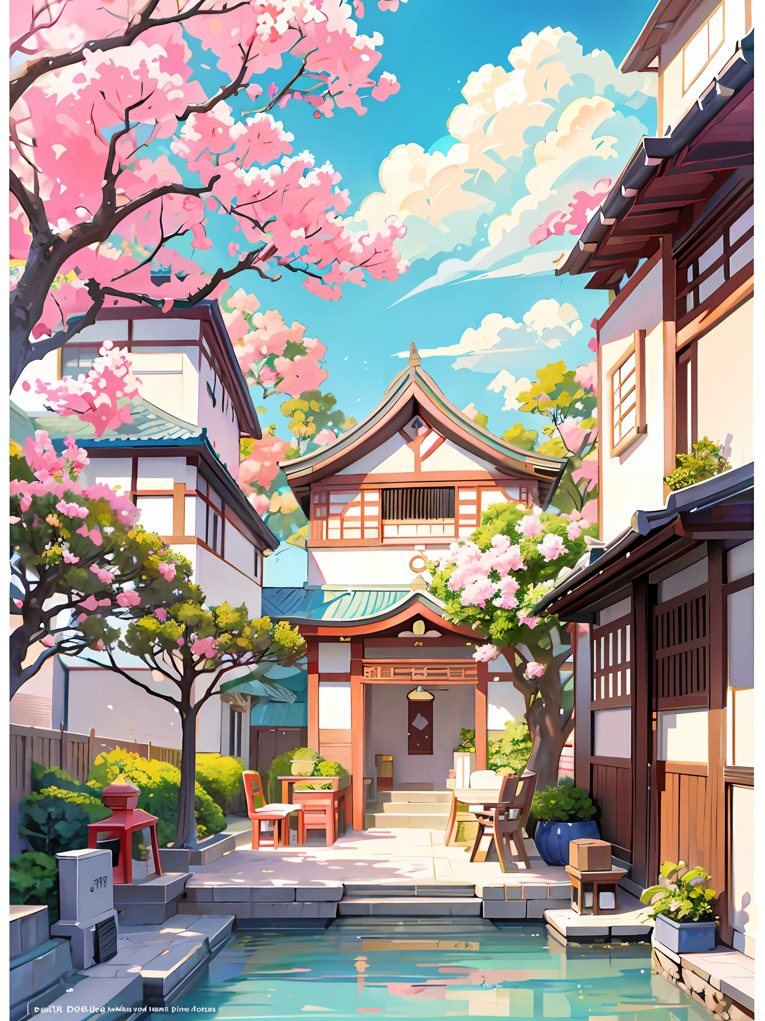 a painting of a courtyard with a table and chairs and a flowering tree, anime background art, japanese art style, beautiful anime scenery, dreamy chinese town, japanese village, a beautiful artwork illustration, scenery art detailed, scenery artwork, beautiful anime scene, anime scenery, 8k high quality detailed art, japanese neighborhood, anime scenery concept art, japanese town, anime beautiful peace scene