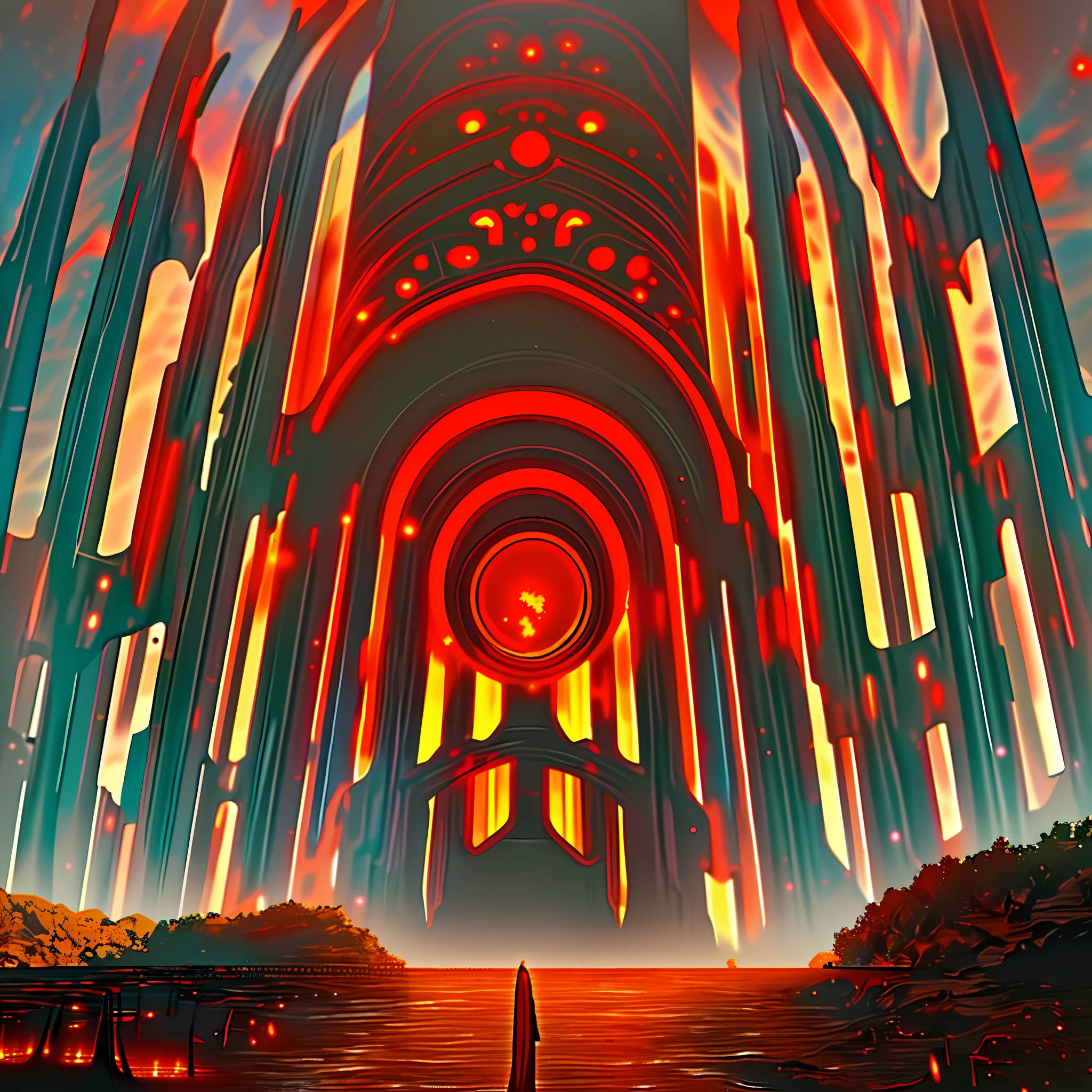 Sacred portal to an unknown world guarded by giant Atlanteans, the portal emits a lot of light and in the background you can see an apocalyptic red world, the energy of the portal is generated by the blood of humans