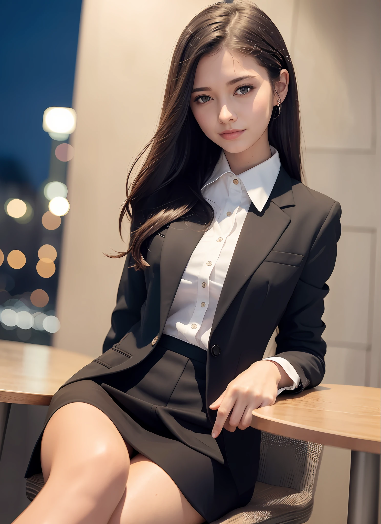 8K, best quality, masterpiece: 1.2) , super details, 1 girl, cute, independent, beautiful details sky, details cafe, night, sit down, date, (nose red) , sweet smile, (Smile: 1.15) , (shut up) small breasts, small beautiful details eyes, Turkish, (collar shirt: 1.1) , black and white business attire, night, wet, business dress, rain, long hair, brunette, flowing hair, NovaFrog style, cat,