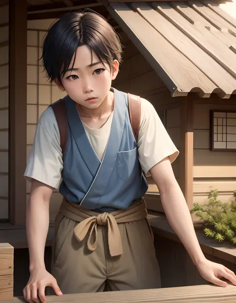 realistic photos of 1 Japanese boy, at the hut, 8K high resolution, sharp, realistic details, masterpiece