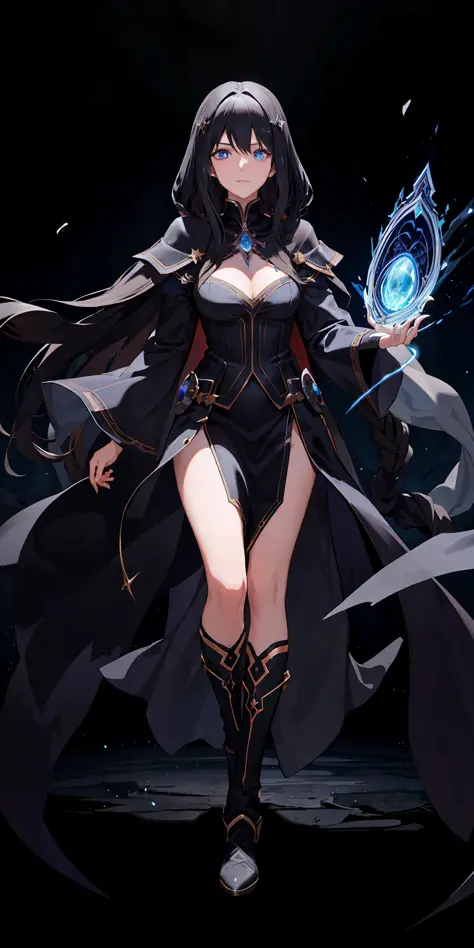black - haired mage, dark sorceress full view, dark sorceress fullbody pose, dark witch character, epic mage girl character, female mage, female mage!, beautiful celestial mage, dark sorceress, a beautiful sorceress, sorceress, mage, solo, blue eyes