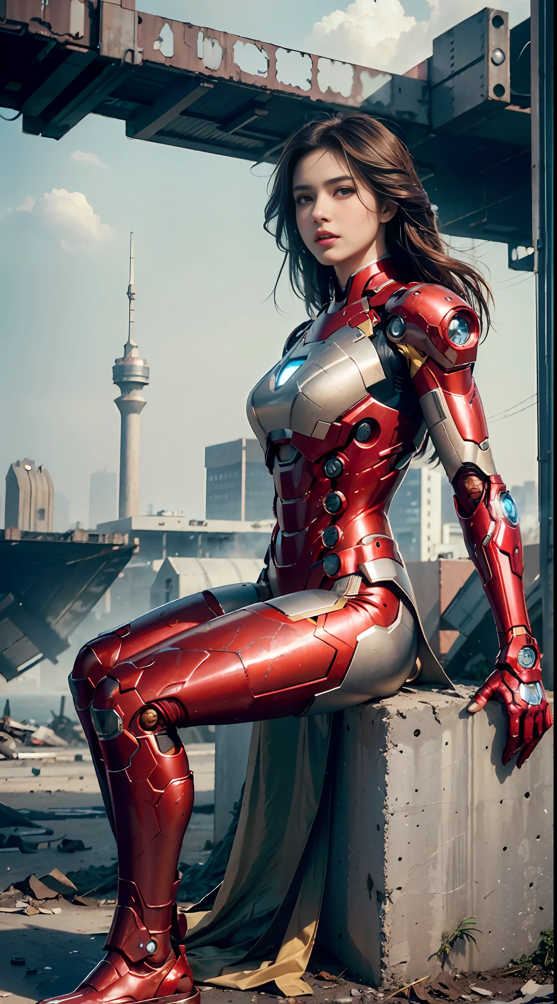 brut, chef-d&#39;œuvre, Photo ultra fine,, meilleure qualité, Ultra haute résolution, photoréaliste, lumière du soleil, portrait complet du corps, Incroyablement belle,, poses dynamiques, visage délicat, yeux vibrants, (Vue de côté) , elle porte un robot futuriste Iron Man, schéma de couleurs rouge et or, Fond d&#39;entrepôt abandonné très détaillé, visage détaillé, fond chargé détaillé et complexe, désordonné, Magnifique, blanc laiteux, peau très détaillée, détails de peau réalistes, pores visibles , netteté, brouillard volumétrique, 8k euh, appareil photo reflex numérique, haute qualité, grain de film, peau claire, photoréalisme, lomographie, métropole tentaculaire dans une dystopie futuriste, vue d&#39;en bas, translucide