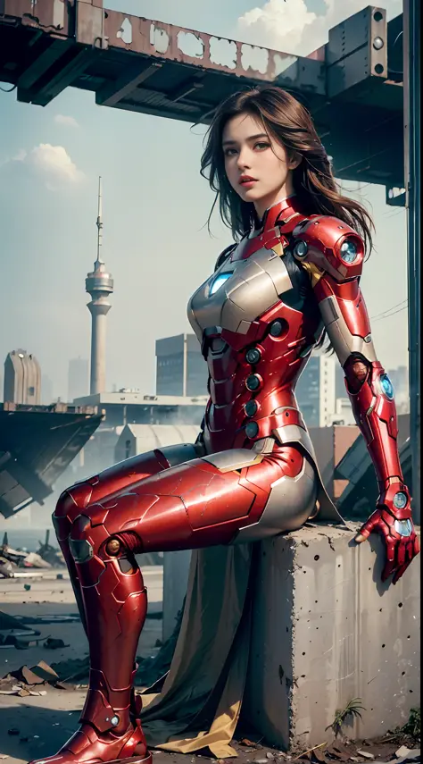 RAW, Masterpiece, Ultra Fine Photo,, Best Quality, Ultra High Resolution, Photorealistic, Sunlight, Full Body Portrait, Stunningly Beautiful,, Dynamic Poses, Delicate Face, Vibrant Eyes, (Side View) , she is wearing a futuristic Iron Man mech, red and gold...