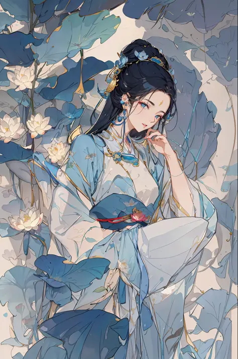 ancient chinese beauty sitting on stone, wearing ancient chinese costume, flowing blue tulle, light silk, lazy pose, large lotus...