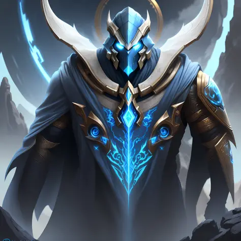 Protoss, loincloth, no nose, no mouth, smooth face, blue crystal, glowing blue eyes, (best quality), (masterpiece), (high resolution), (intricate details), (realistic), (cinematic light), standing on a cliff overlooking a vast valley