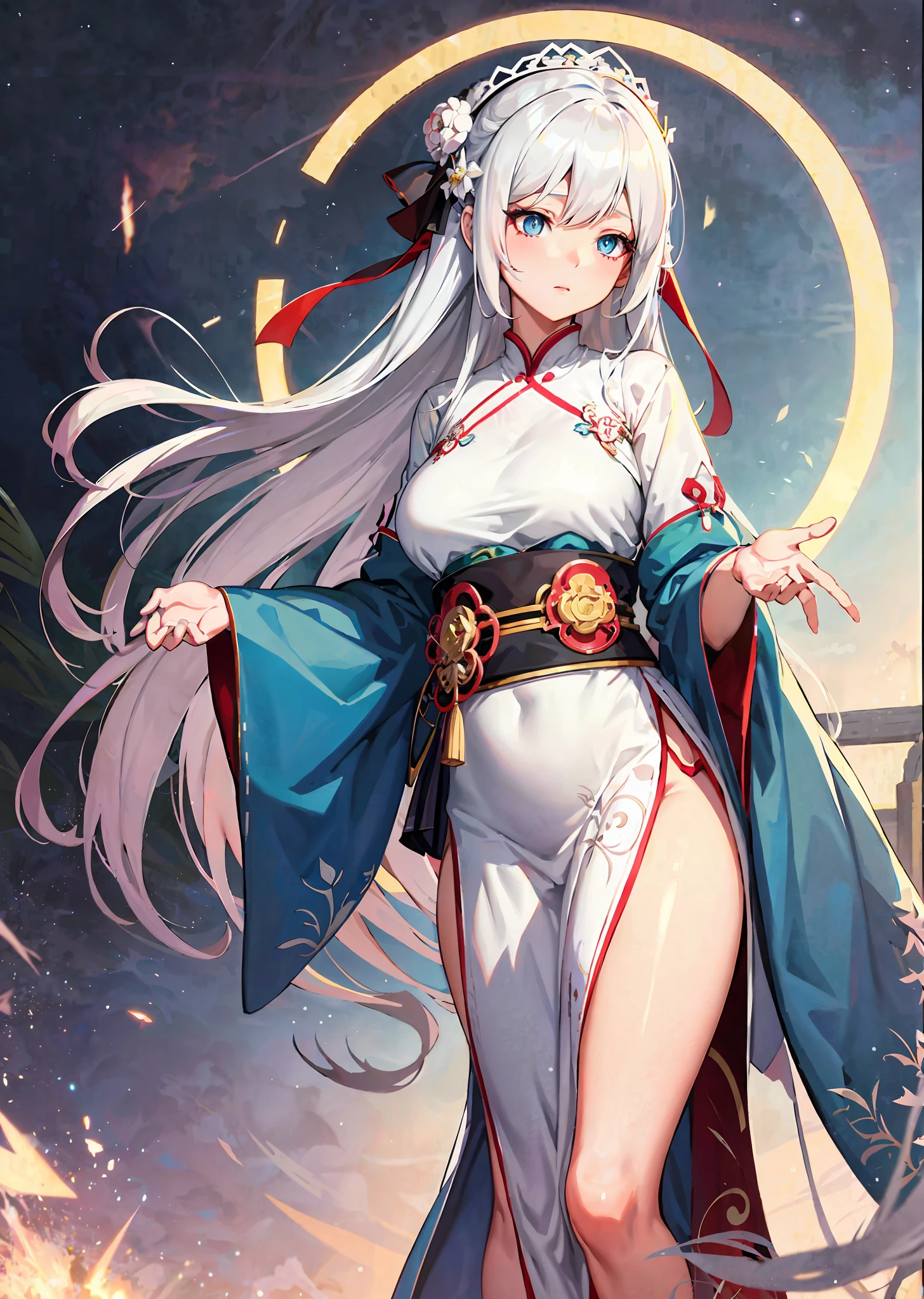 anime girl with long white hair and blue eyes in a white dress, anime goddess, white haired deity, extremely detailed artgerm, cute anime waifu in a nice dress, anime art wallpaper 8 k, beautiful alluring anime woman, guweiz on pixiv artstation, anime style 4 k, palace ， a girl in hanfu, guweiz