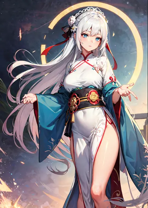 anime girl with long white hair and blue eyes in a white dress, anime goddess, white haired deity, extremely detailed artgerm, cute anime waifu in a nice dress, anime art wallpaper 8 k, beautiful alluring anime woman, guweiz on pixiv artstation, anime styl...