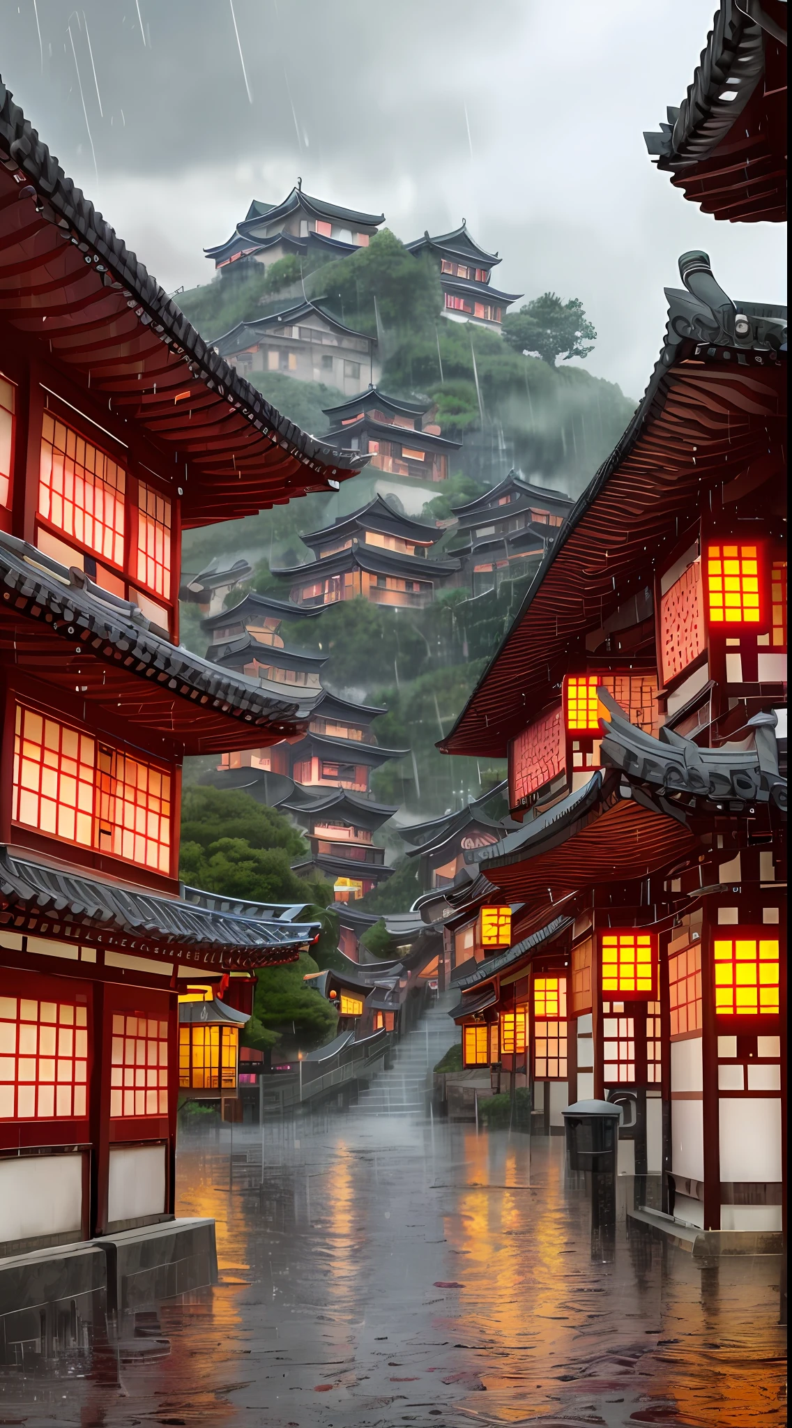 村莊的景色，建築物上有許多燈光, 梦幻的中国城, 中国村, 驚人的壁紙, 日本城, 日本村, 城镇的超现实照片, 老亞洲村莊, 日本城市, 作者 Raymond Han, 雨夜, 赛博朋克中国古城堡, 灯光明亮的建筑, 傍晚时分 雨天, 美麗又美觀, 攝影, 電影般的, 8K, 高細節 ((傾盆大雨)))