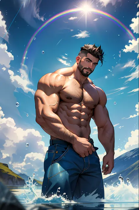 Best quality, masterpiece, ultra high res,detailed background,realistic,solo,male,cowboy shot,mature,bara,topless,muscular,mature male,thick thighs,short hair,facial hair,undercut,short hair,magic circle, bubble,on water,reflected mirror,rainbow light, Bub...