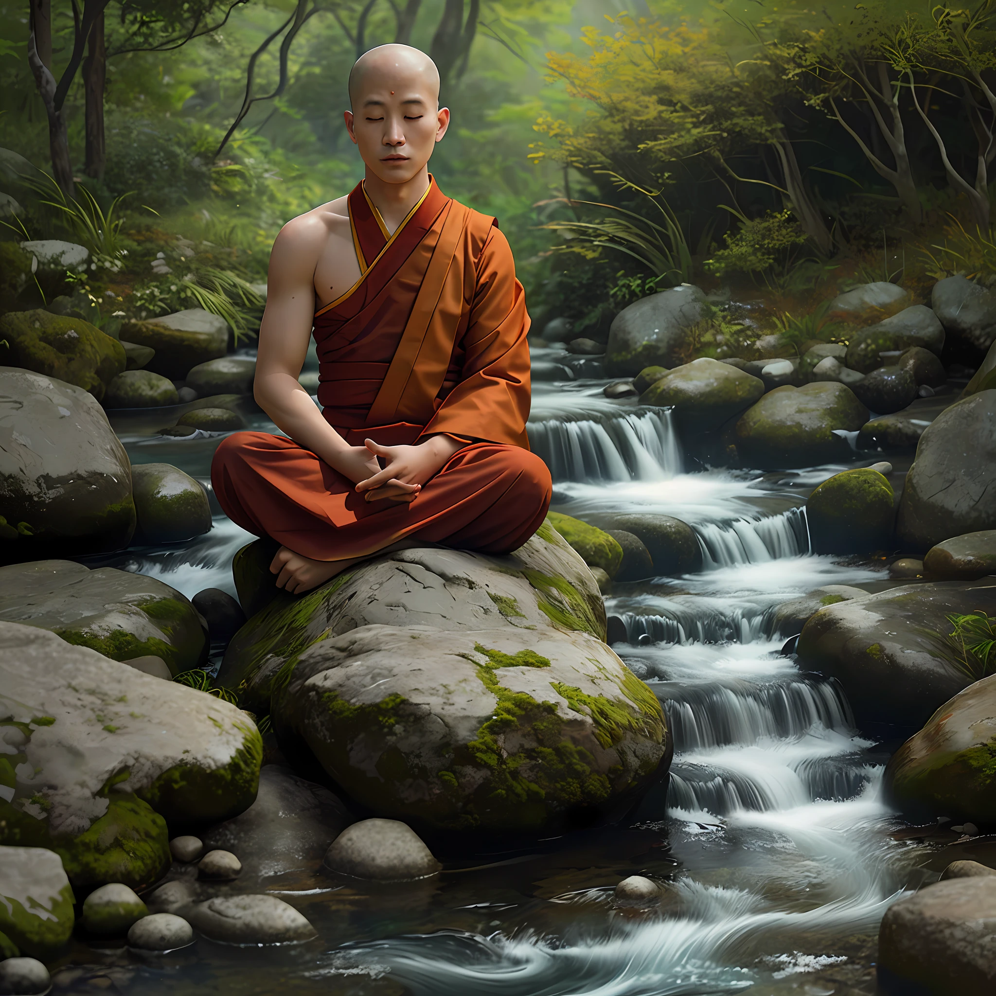 A Buddhist monk meditating By the stream, his coral-colored threads are coming out The facial expression is peaceful, cinematic lighting hyper realistic super details skin texture is very detail