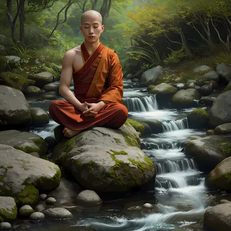 A Buddhist monk meditating By the stream, his coral-colored threads are coming out The facial expression is peaceful, cinematic ...