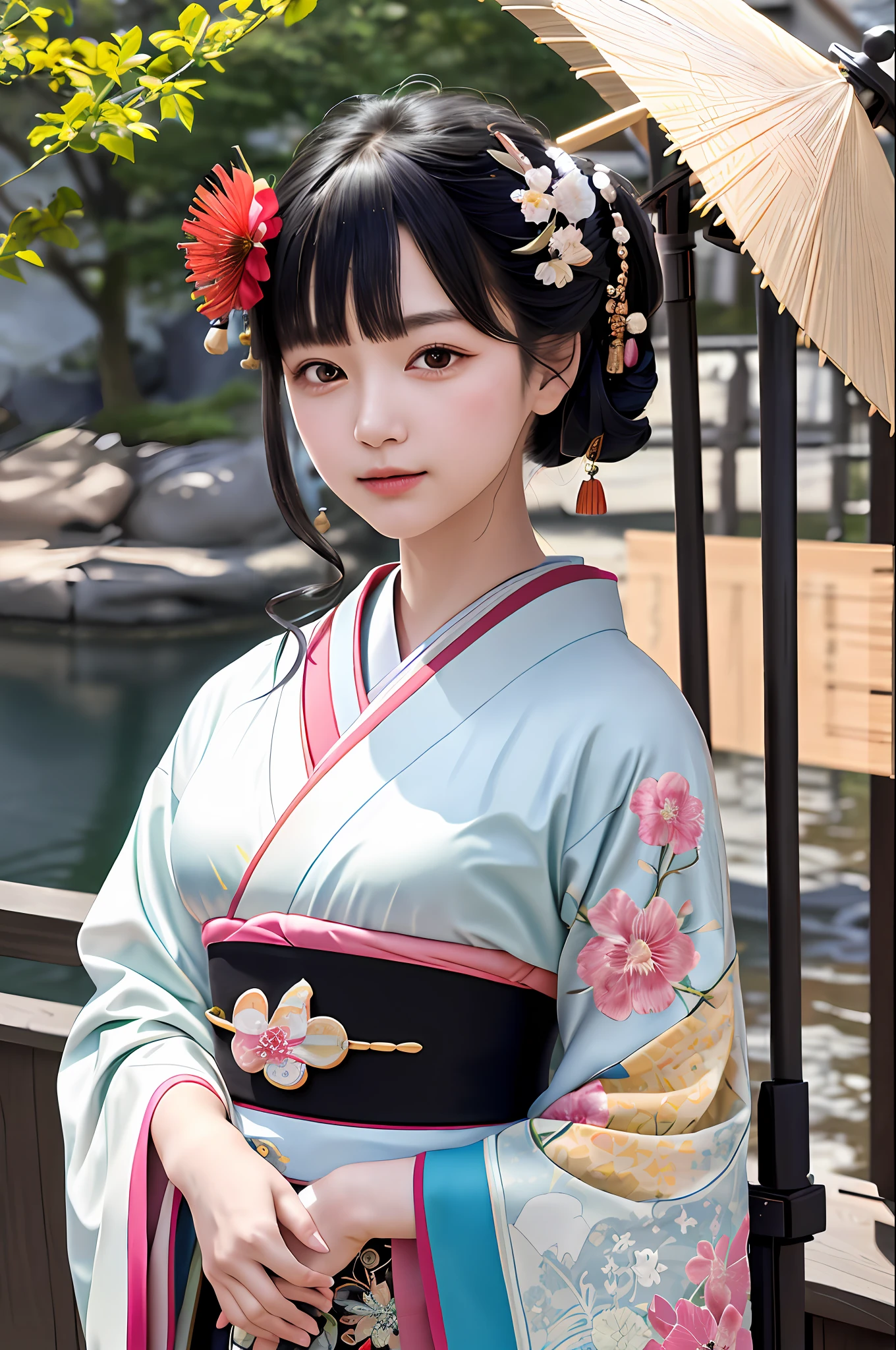1 girl standing, (embroidered multi-colored kimono, Japanese costume, beautiful complex, happy new year, shrine: 1.3), smile, long black hair, hair accessories, hair flowers, long black side ponytail, short hair, medium hair, shawl spread, small breasts, polka dot nose, side blunt bangs, hair between the eyes, (side light, perfect lighting, light leakage), dynamic angle, (extremely wide angle shooting, :1.2), (ultra-fine CG: 1.2), (8k wallpaper: 1.2), (masterpiece: 1.2), (realistic: 1.3), depth of field, ( Eyeliner: 0.5), (Blush: 0.5), Upper body, (Ambient light: 0.8), Close-up, Looking at the audience, (Film composition: 1.2), (Looking at the audience, facing the audience, High detail skin: 1.2)
