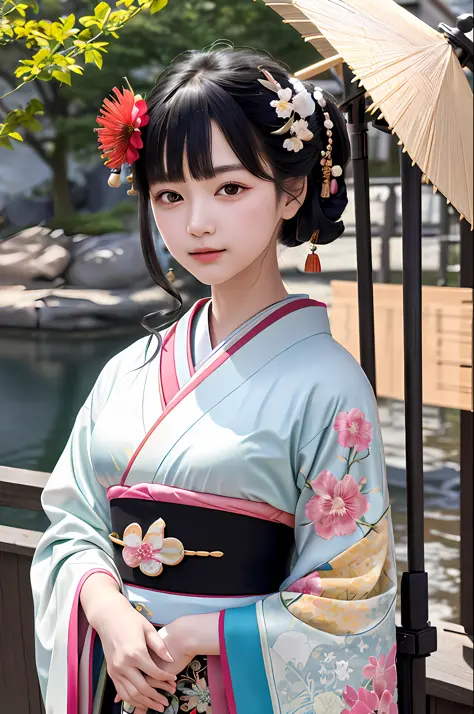 1 girl standing, (embroidered multi-colored kimono, Japanese costume, beautiful complex, happy new year, shrine: 1.3), smile, lo...
