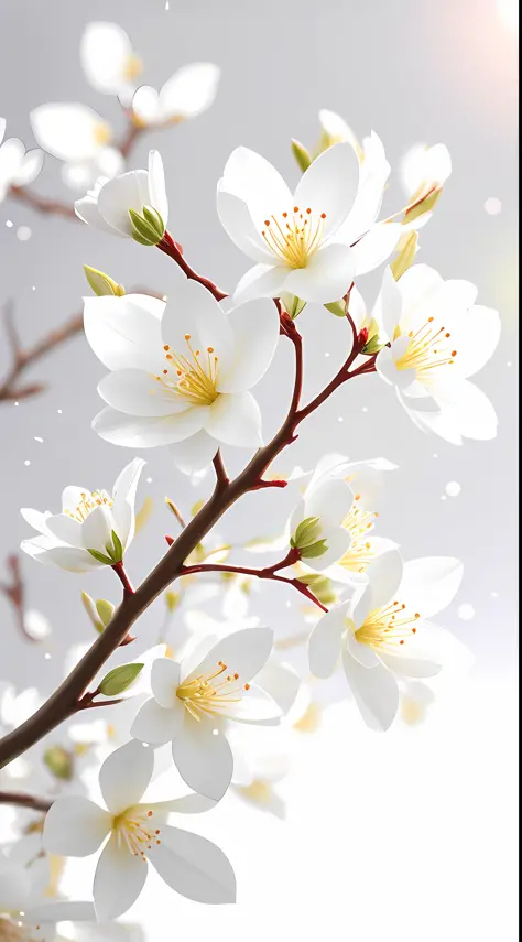 A bouquet of white plum blossoms, ultra-transparent, holy light, beautiful spectral light, dew on petals, twinkle, morning background, transparent droplets, reflected light, bright, light flowing inward, optical, portrait silhouette, sharp focus, magical, ...