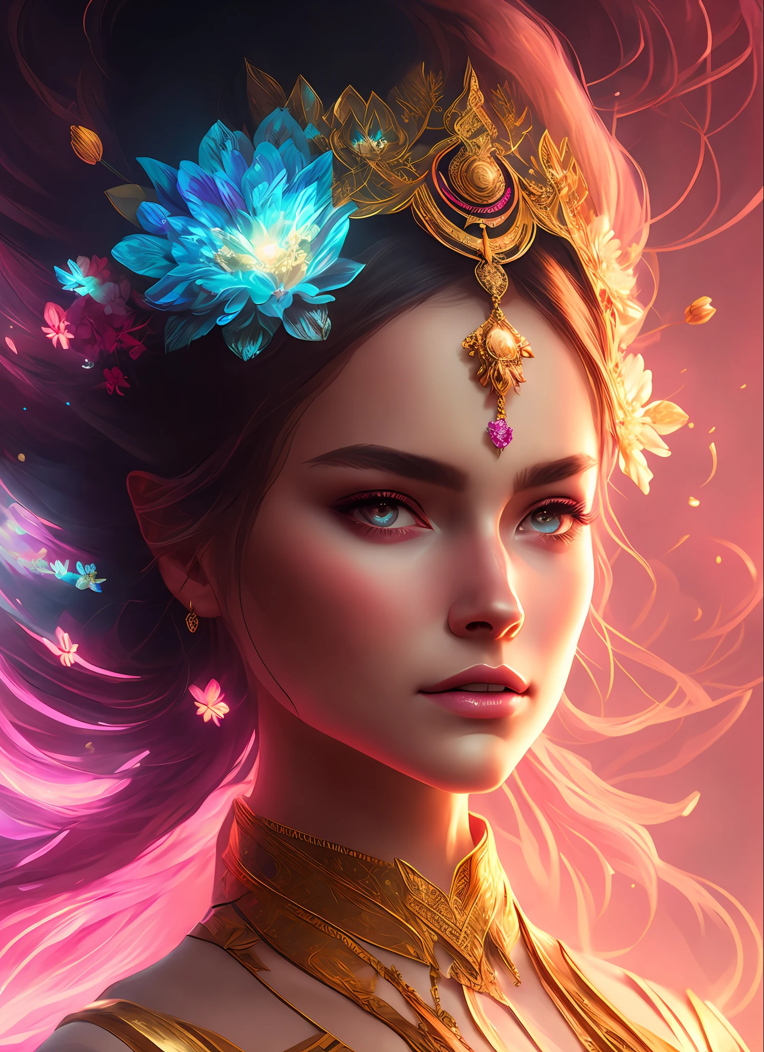 (samdoesart:1.1) (dreamlikeart:1)  kuvshinov (symmetry:1.1) (portrait of floral:1.05) a woman as a beautiful goddess, (assassins creed style:0.8), pink and gold and opal color scheme, beautiful intricate filegrid facepaint, intricate, elegant, highly detailed, digital painting, artstation, concept art, smooth, sharp focus, illustration, art by greg rutkowski and alphonse mucha, 8k, Neon Collage