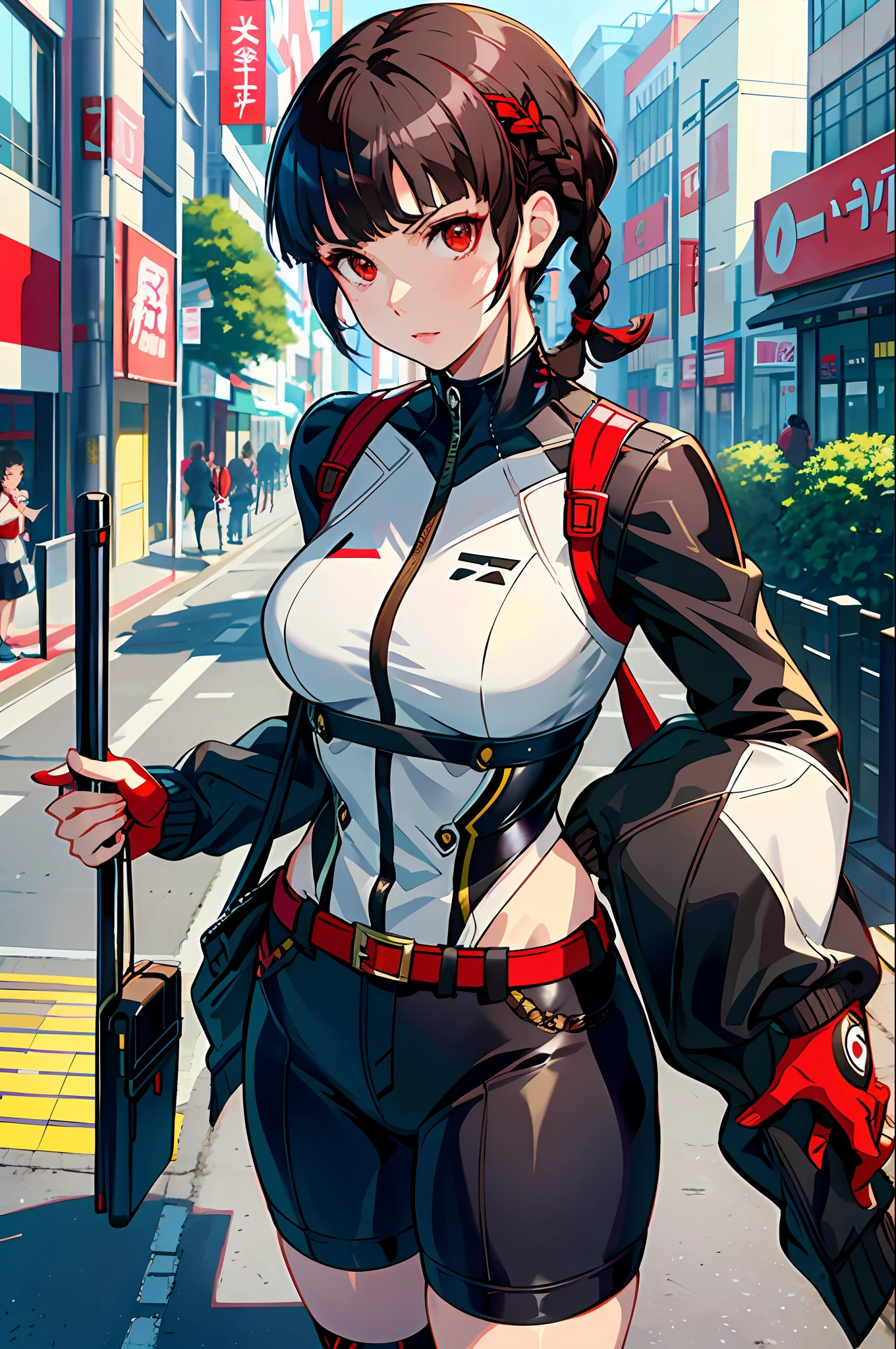 Solo, Makoto_Niijima (from persona 5, 1female, white skin, japanese, red eyes, short brown hair with braid on top) taking a cute picture on the street. ((obra-prima), melhor qualidade, ultra alta resolução)