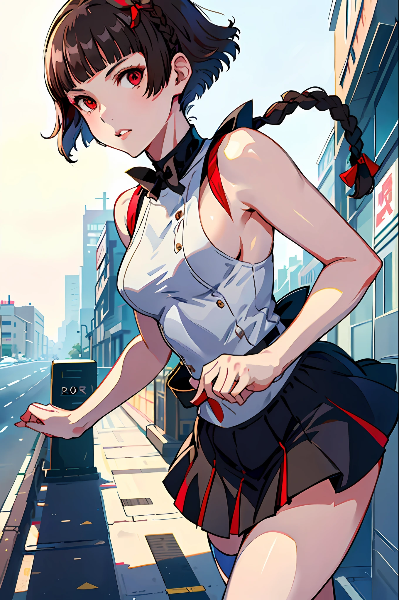 Solo, Makoto_Niijima (from persona 5, 1female, white skin, Japanese, red eyes, short brown hair, braid like a hairbow on top of hair, small boobs) taking a cute photo on the street, high-school uniform. ((masterpiece), best quality, ultra high resolution)