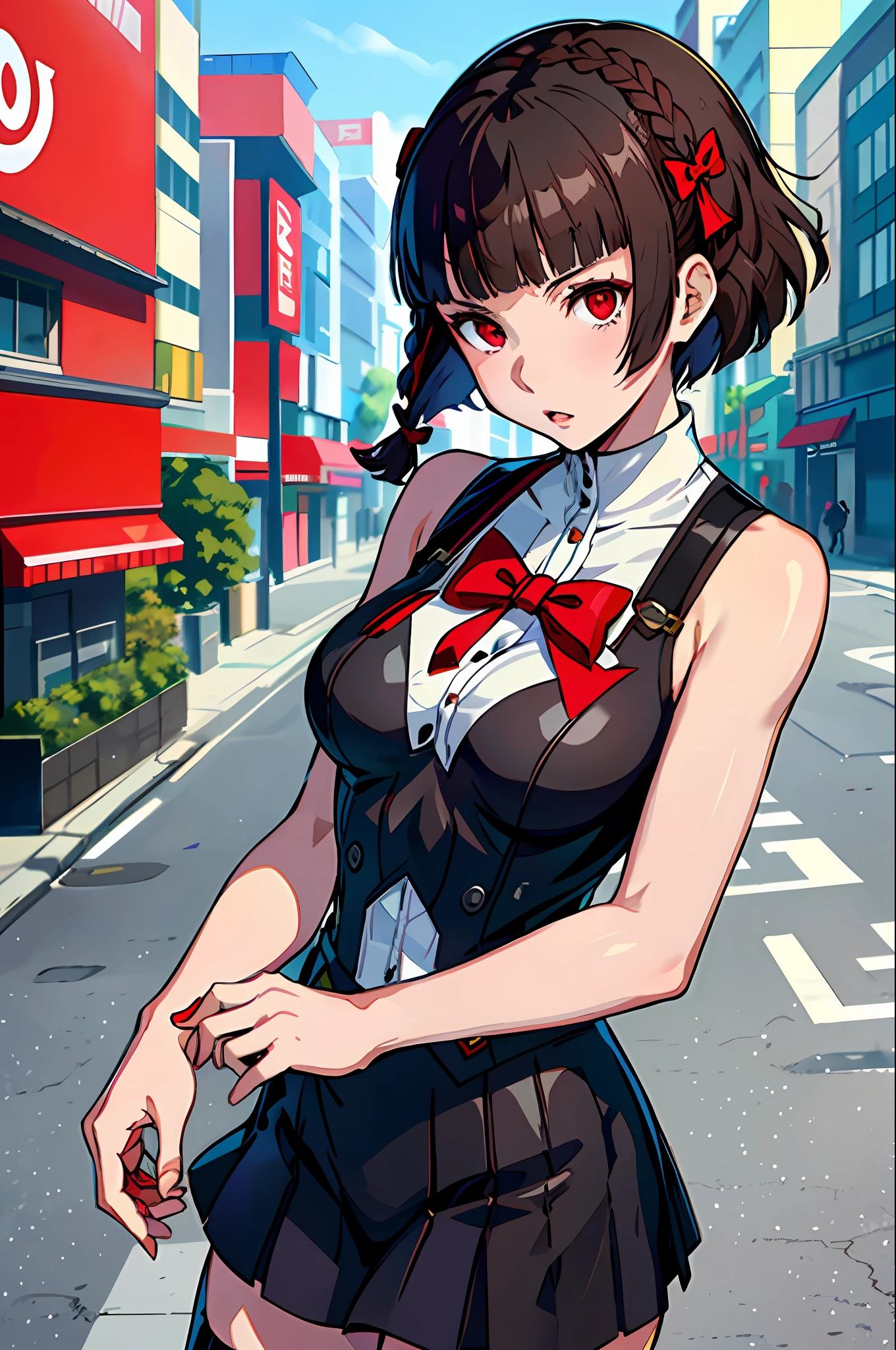 Solo, Makoto_Niijima (from persona 5, 1female, white skin, Japanese, red eyes, short brown hair, braid like a hairbow on top of hair, small boobs) taking a cute photo on the street, high-school uniform. ((masterpiece), best quality, ultra high resolution)