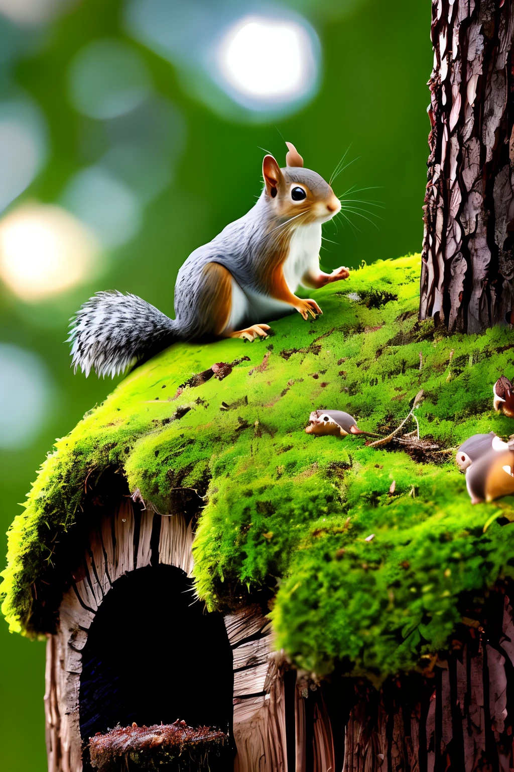 There is a squirrel sitting on a moss covered tree stump - SeaArt AI