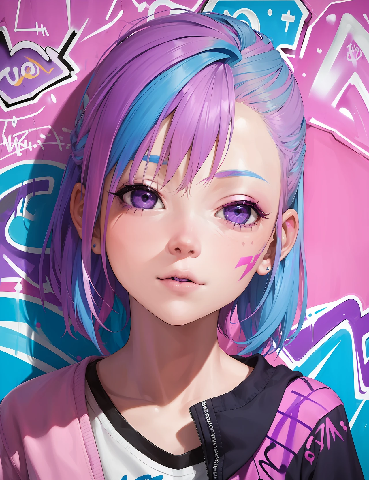 (imagine,pink+purple+blue hair:1.4),(1girl),beautiful face,((graffiti art)|(album cover)), uplight