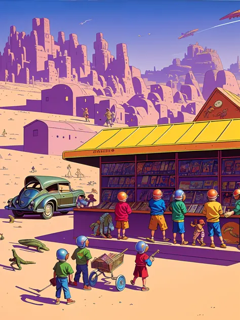 a painting of children buying video games in a 50's store with space-helmeted lizards sitting in the desert in the background a ...