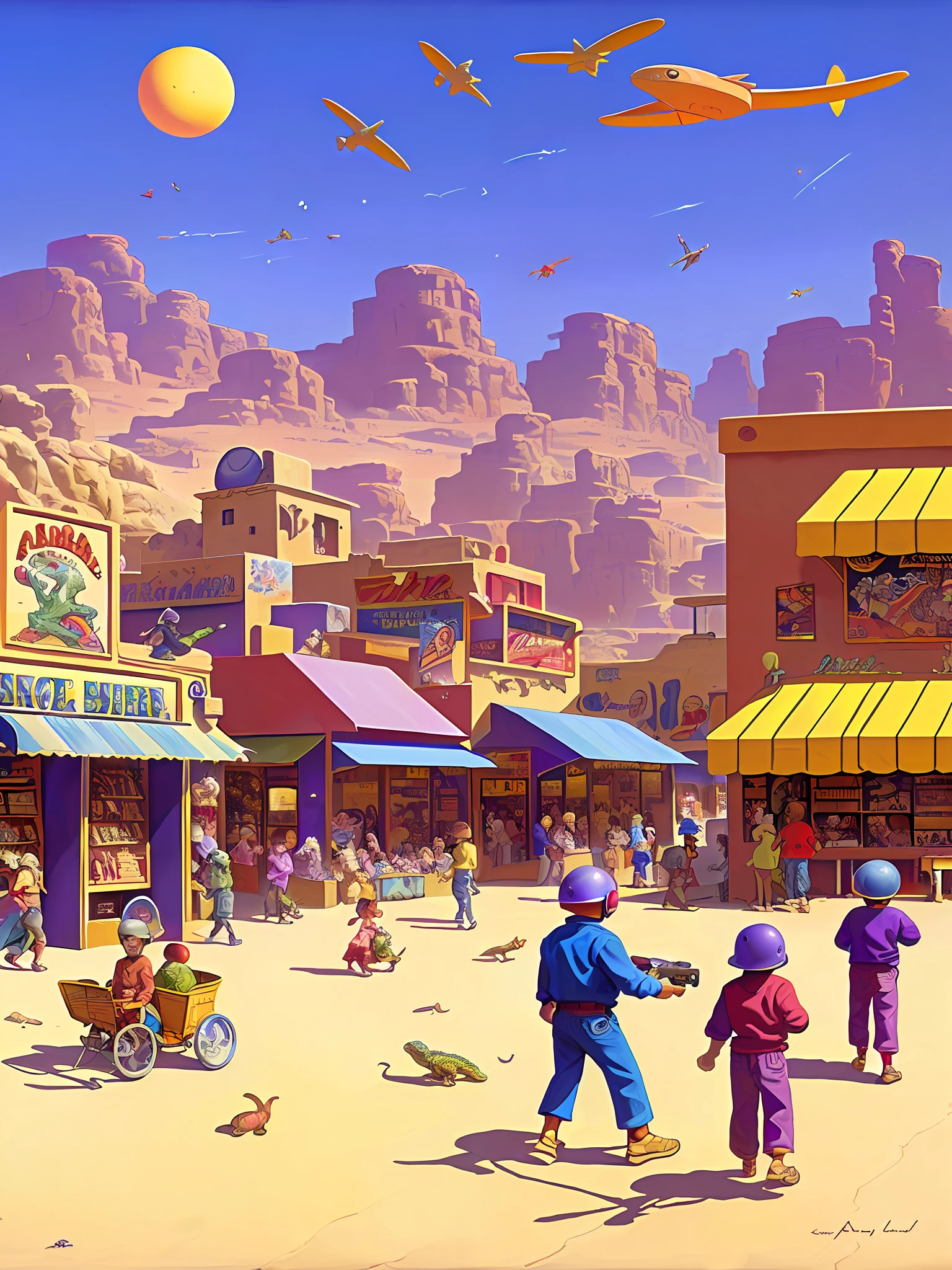 a painting of children buying video games in a 50's store with space-helmeted lizards sitting in the desert in the background a purple town of arakis with a boat in the background by Moebius Jean Giraud