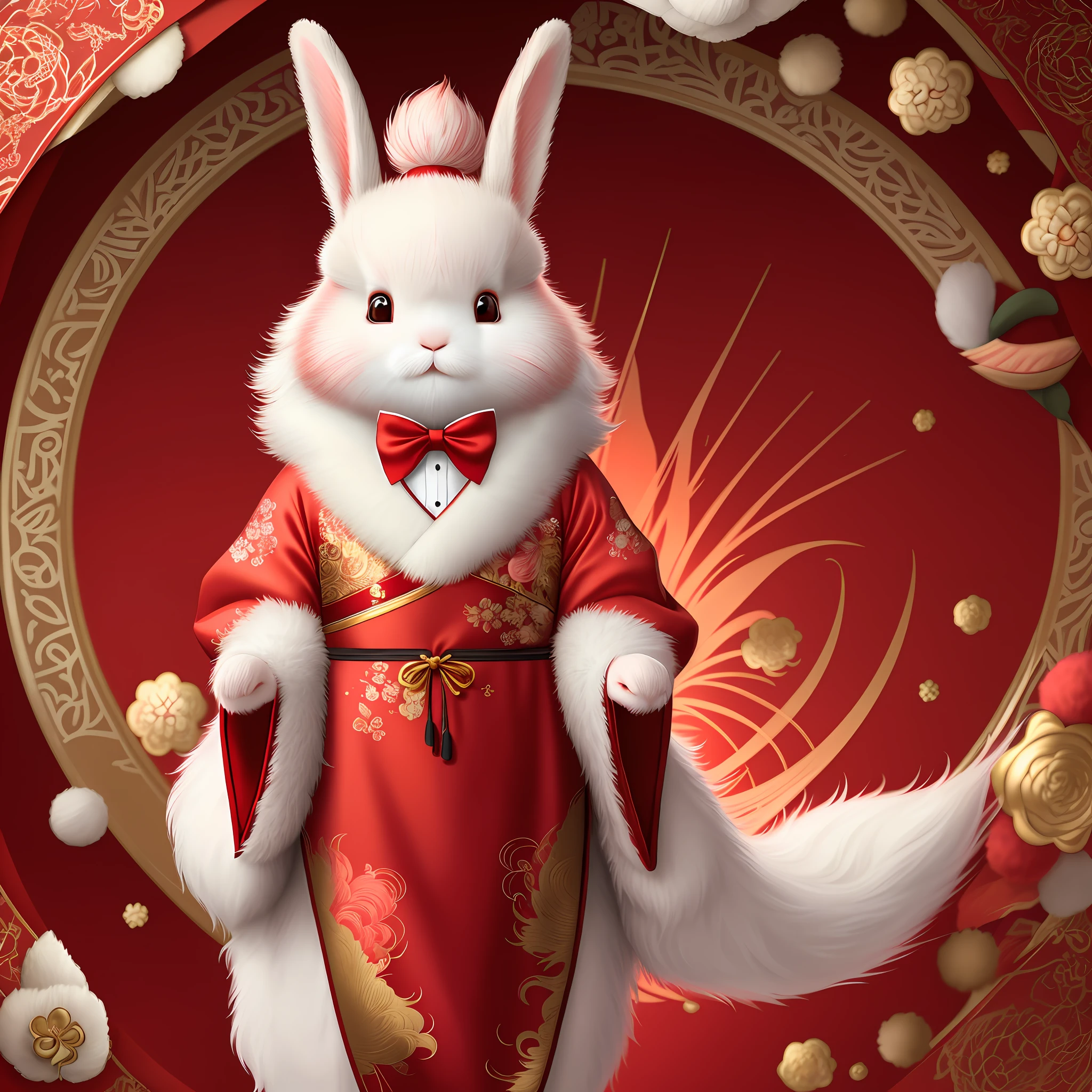 Korean year of the rabbit, 2023. Insanely detailed portrait of an adorable, fluffy rabbit wearing a fancy Korean style outfit. Red tones, gold filigree.