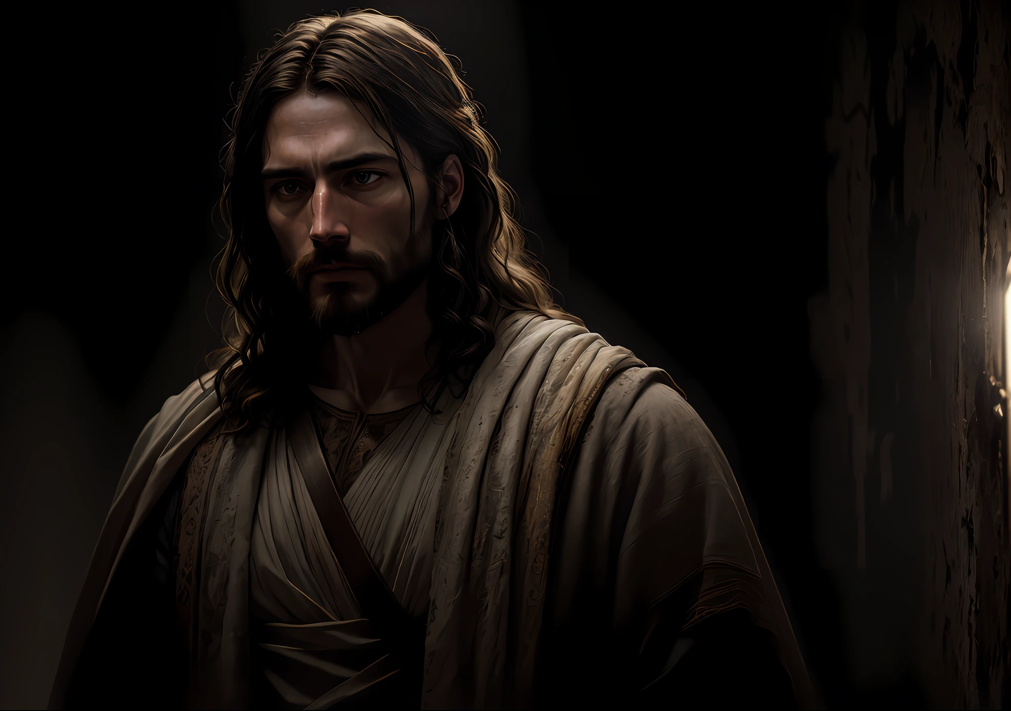 FOTO OSCURA DE JESUCRISTO: épica realista, soft cinematográfico portrait, Adobe Lightroom, laboratorio fotográfico, muy detallado, desteñido, (colores neutros: 1.2), (HDR: 1.4) , (colores suaves:1.2), hiperdetallado, (Estación de arte:1.4), cinematográfico, luces cálidas, luz dramática, (detalles intrincados:1.1), fondo complejo, (Rutkowski:0.66), (azul y naranja:0.4)