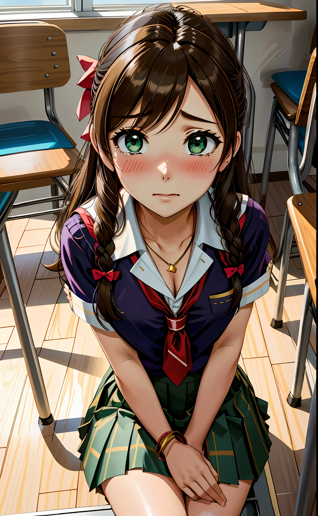indoors, busy classroom, school desk with chair, sitting, other students sitting in class, a3r1th, upskirt panties view, legs together, a3r1th, peeing, peeing herself, perfect female figure, Aerith Gainsborough, pantyhose, holding pen, green eyes, , hair bow, bracelet,  skirt, looking down nervously, shy, embarrassed, sad, crying, aroused, shocked, panicking, worried, very desperate to pee, urination, legs crossed, rape face, full-face blush, high detail, Realism, Hyperrealism, multiple views, perspective, ccurate, masterpiece, highres, UHD, anatomically correct, super detail, best quality, highres, 8k