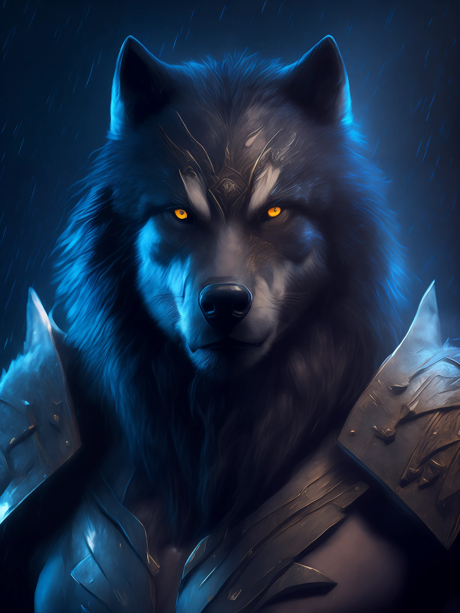 Great Musculity Black Wolf Warrior,wearing metallic and leather battle armour,upper half of chest and face , in left side of screen,Artstation illustrators, intricate details, Detailed face,bright blue colour eyes, looking at viewer ,dim light, illustration, UHD, 4K hyper realistic, tension, cold, highly detailed, sharp focus, professional, 8k UHD, cinematic, dark, violent, outdoor, battle scene,dramatic, scary vibe, render, epic, twilight, HDR, album cover, blizzard, lightning, cataclysmic,820 pixels wide by 312 pixels tall , half black background , landscape view , away portrait view,whole head,battle scene, scar in right side of face ,hairy, realistic wolf, raining, lighting ,face and chest facing at viewer ,good jaw , Blue eyes, hairy mane
