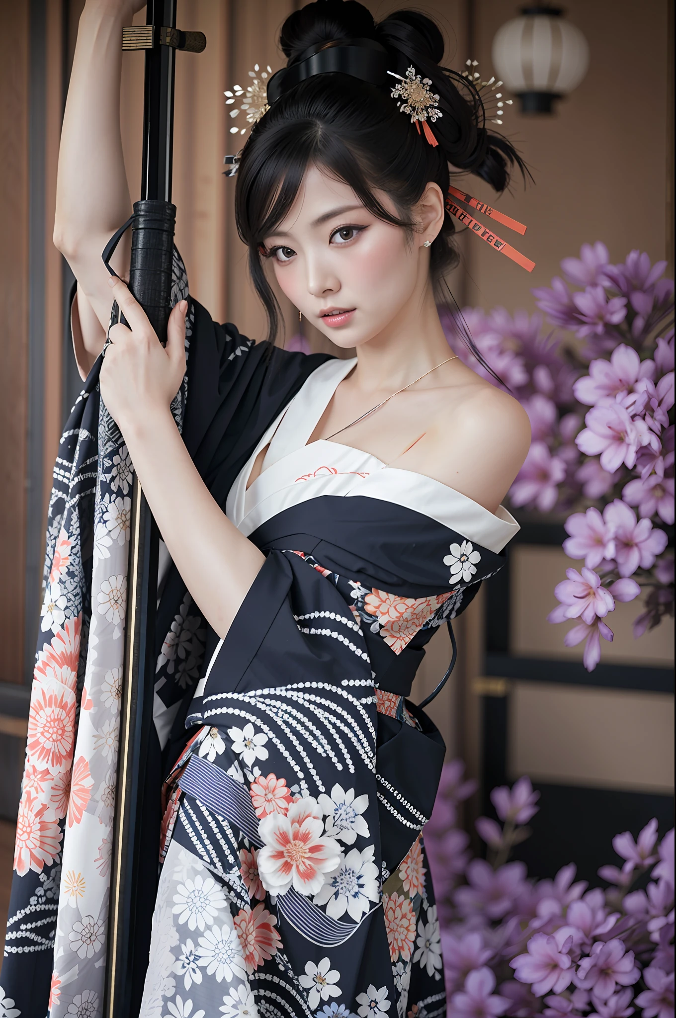 mujer asiática araffe vestida de kimono sosteniendo una espada, modelo japonés, Diosa japonesa, in kimono, elegant mujer japonesa, kimono japonés, kimono, geisha glamorosa y sexy, vistiendo kimono, estilo japonés, classy ropa yukata, japonés tradicional, intrincado kimono de geisha, ropa tradicional de geisha, ropa japonesa, mujer japonesa, ropa yukata, escote, grande ,