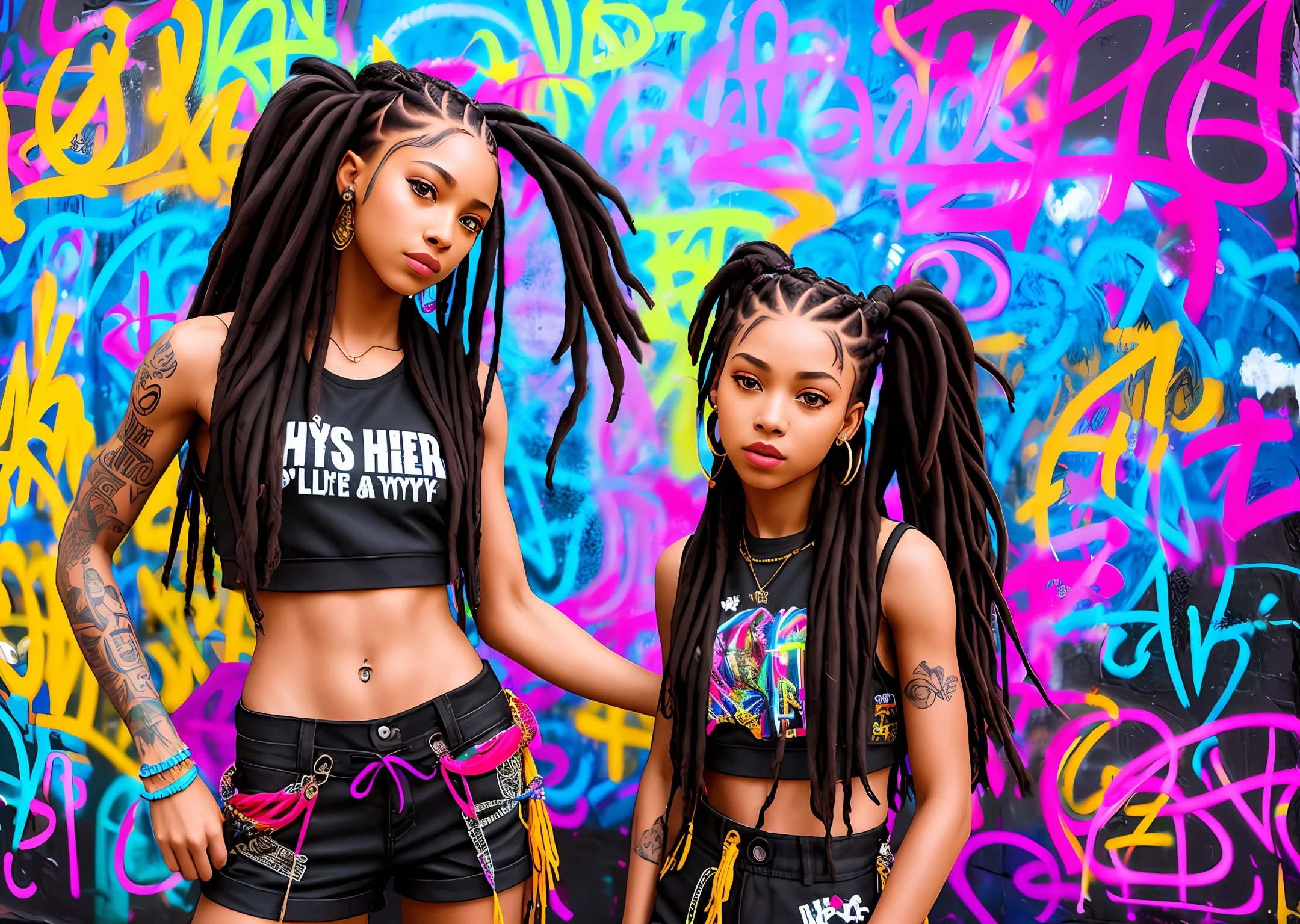 Dos chicas con rastas paradas delante de una pared de graffiti - SeaArt AI