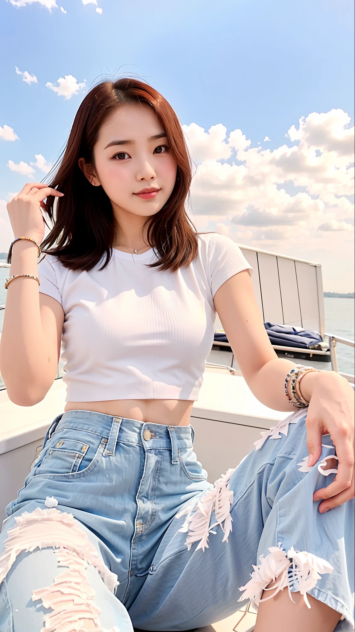 a close up of a woman sitting on a boat in the water, dilraba dilmurat, chinese girl, korean girl, young and cute girl, gorgeous young korean woman, gorgeous chinese model, wearing a cute top, beautiful south korean woman, wearing a cropped tops, wearing casual clothes, wearing crop top, wearing a sexy cropped top, a cute young woman, cleavage there, round breasts, sweet smile