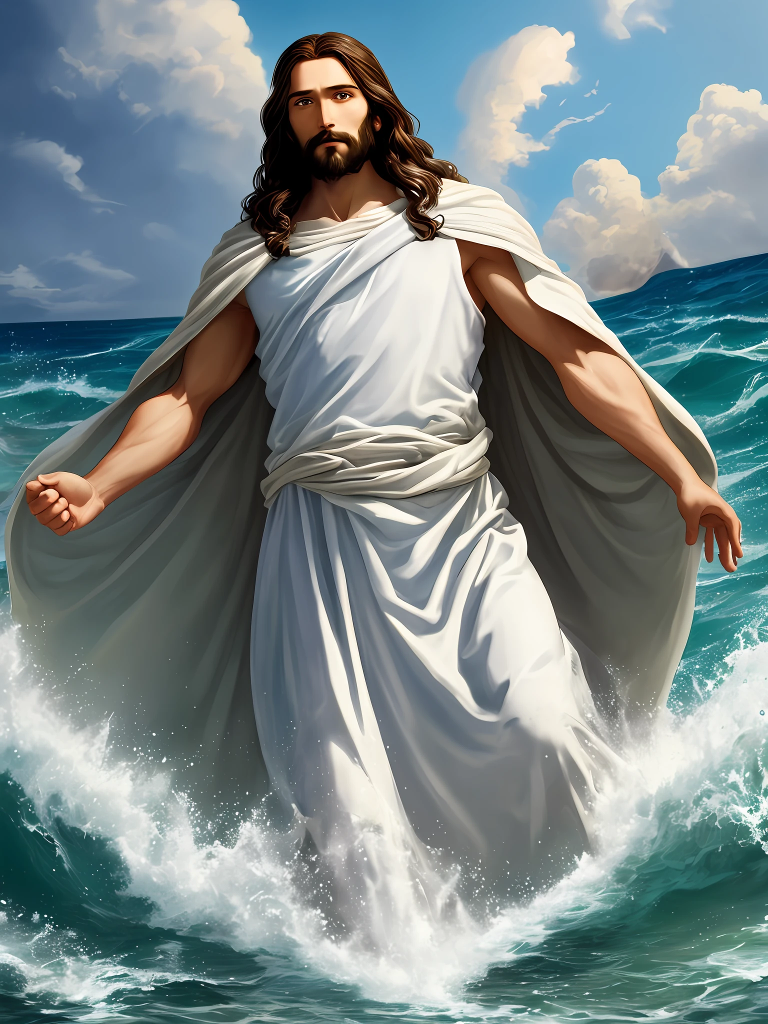 Jesus walking on water with cape over his head - SeaArt AI