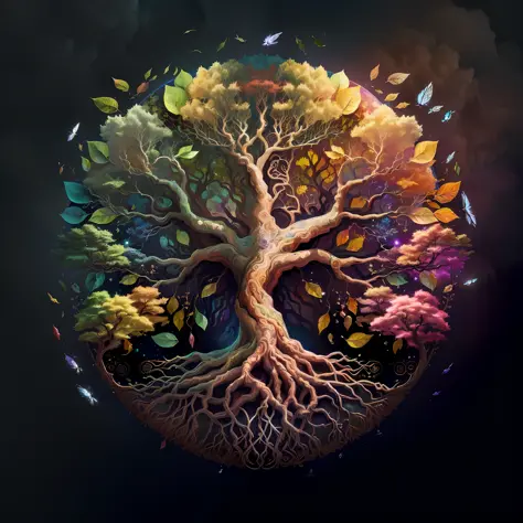 a close up of a tree with many different colored leaves, cosmic tree of life, tree of life, fantasy tree, a beautiful artwork illustration, the world tree, tree of life seed of doubt, world tree, highly detailed digital artwork, the tree of life, tree of l...